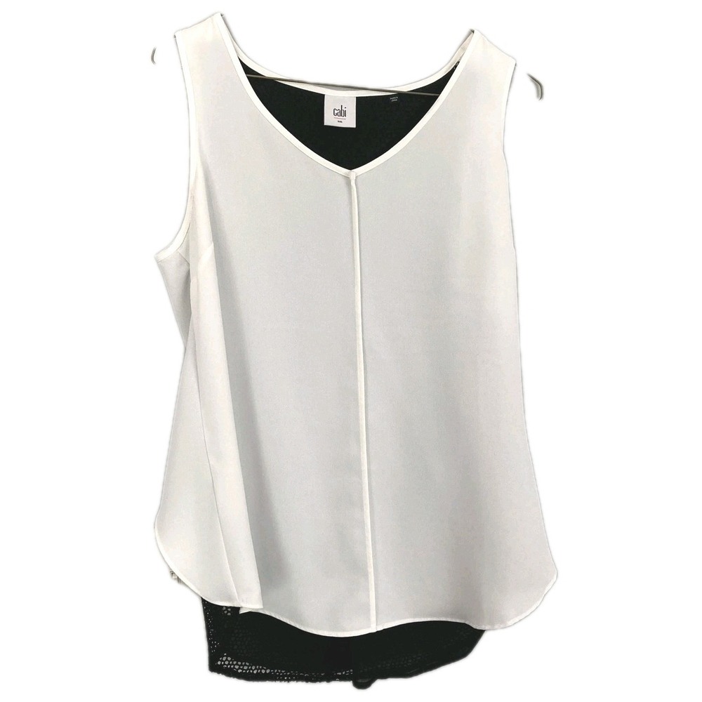 CAbi Tank Top Women Small White V Neck Sleeveless Colorblock Crochet Back Hi/Low